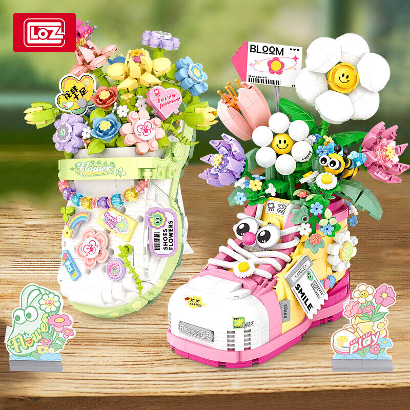 LOZ Flower Series Green Crocs Slipper (1040pcs)+Pink Sneaker (998pcs) Gift Toy